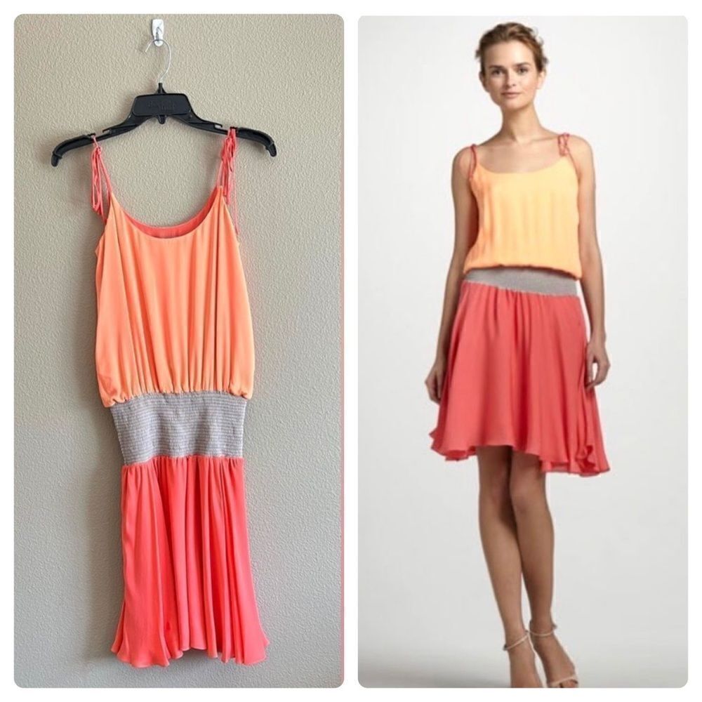 Halston Heritage 100% Silk Tie-Shoulder Colorblock Dress